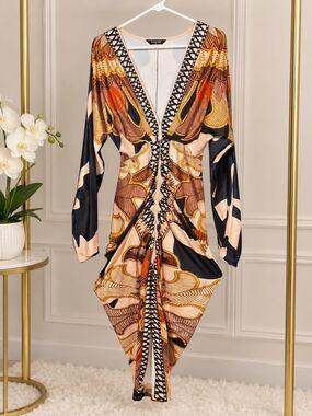 chic Long Sleeve V-Neck Ruched Midi Dress in Black, Cream, Brown, Orange